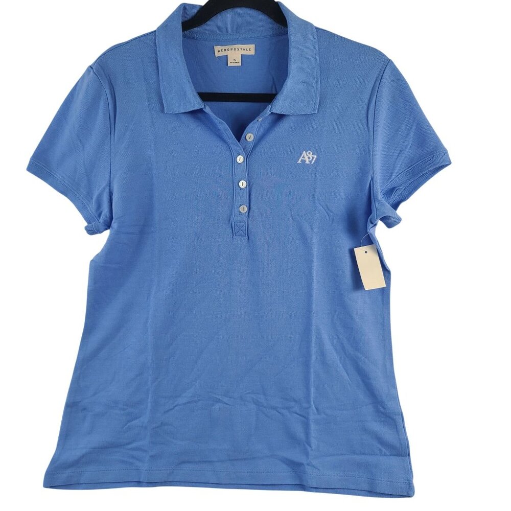 NEW Aeropostale Women's A87 Blue Polo Shirt Sz XL Cotton Blend Short Sleeve